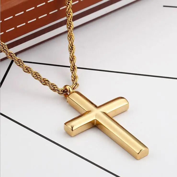 Punk Twist Rope Chain Cross Pendant Men Women Hiphop Gold Silver Color Polished Stainless Steel Cross Necklace Male Jewelry