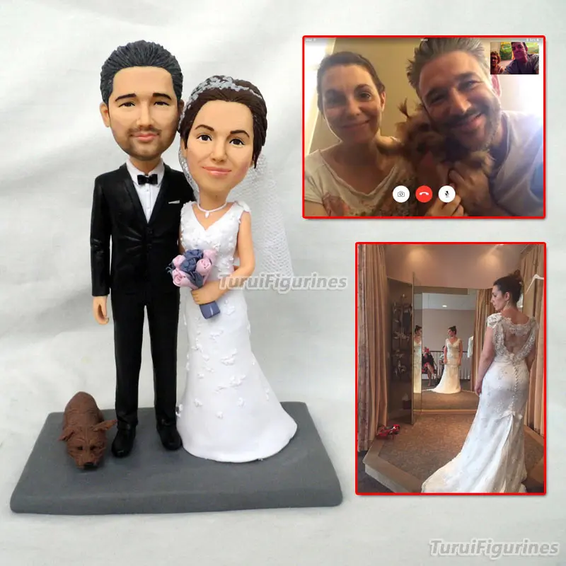 ooak polymer clay doll Custom wedding cake topper mr and mrs cake topper bride and groom figurine miniature cat dog miniature