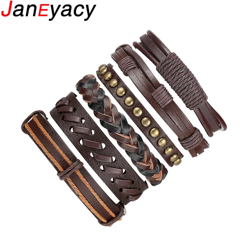 Janeyacy Wholesale Vintage Leather Bracelets For Men Punk Leather Bracelet & Bangle Male Wristband Wrap Women Jewelry Pulseras