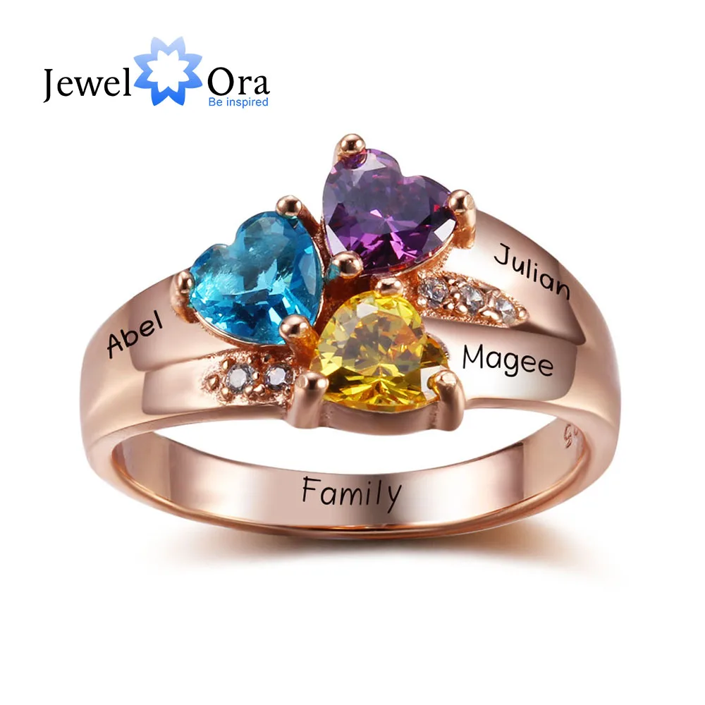 Personalized Engrave Jewelry 3 Birthstone Mothers Rings 925 Sterling Silver Name Ring Gift For Mother Day (JewelOra RI102345)