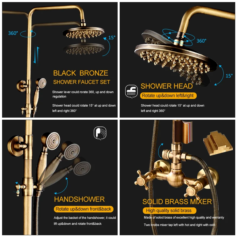 Quyanre Antique Brass Shower Faucets Set Wall Mount Antique Brass Shower Kit Dual Knobs Mixer Tap Handheld Spray Bathtub Kit