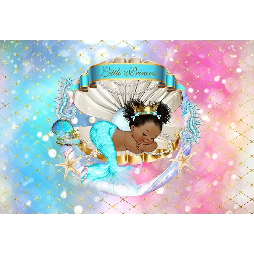 

7x5FT Gold Diamonds Aquamarine Dark Skinned Mermaid Princess Custom Photo Studio Backdrop Background Vinyl 220cm x 150cm