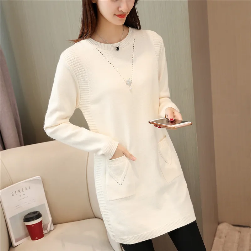 Lady Long Sleeve Pullovers Sweaters Female Knitted Coat Pocket Knit Joker Render Unlined Upper Garment B9703