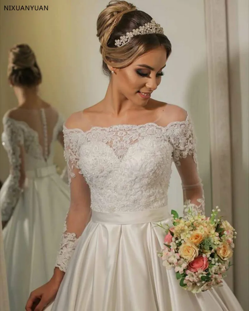 Vestido De novia De satén De manga larga, traje De novia con apliques De encaje y botones en la espalda, estilo princesa