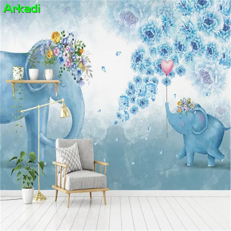 

Nordic hand-painted elephant flower children's bedroom living room TV background wall child bedroom mural photo wallpaper