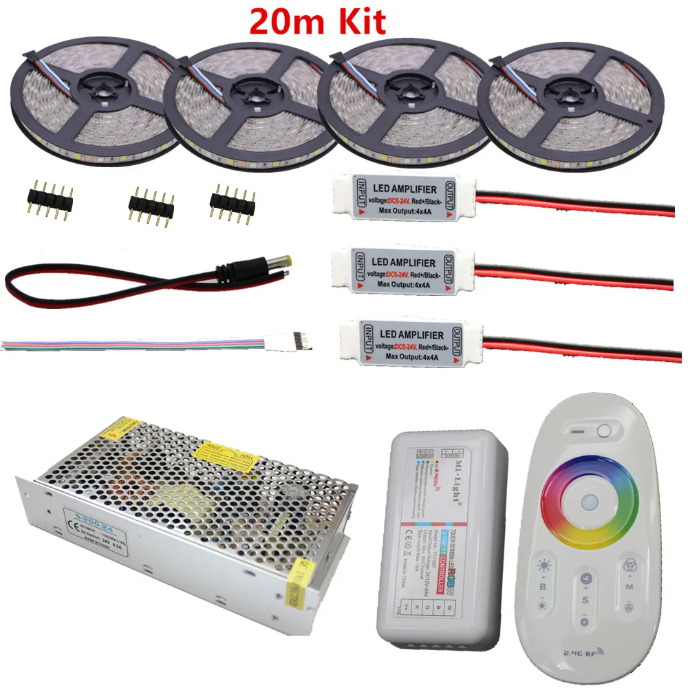 10m 20m 25m 30m RGB dioda Led RGBW taśma wodoodporna 5050 300 led 5m IP65 taśma + dotykowy pilot + 12V zasilacz + wzmacniacz