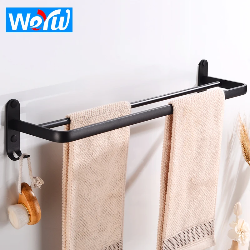 Double Towel Bar Holder with Hook Aluminum Wall Mounted Bathroom Towel Rack Black Decorative Restroom Clothes Towel Rail Hanger