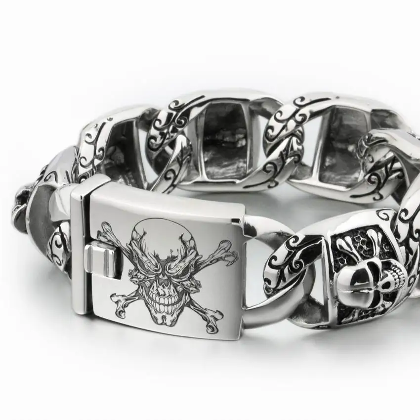 LINSION Huge Heavy 316L Stainless Steel Deep Laser Engraved Pirate Skull Mens Boys Biker Rock Punk Bracelet 5T102