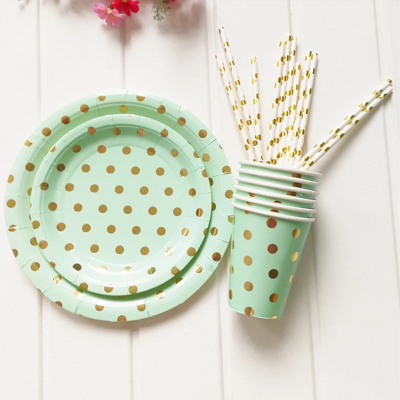 Mint Green Foil Gold Party Supplies Disposable Tableware Sets Paper Plate Cups Straws For Baby Shower Baptism Wedding Decor