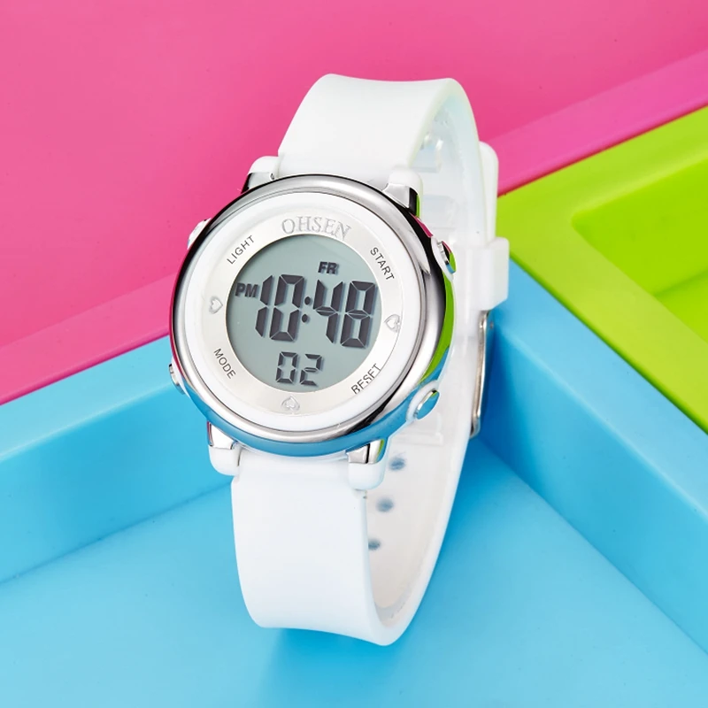 OHSEN-relojes deportivos para niños y niñas, pulsera electrónica de silicona blanca, resistente al agua hasta 50M, cronómetro Digital LED