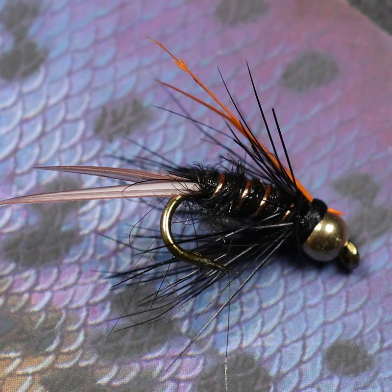 Bimoo 10PCS #12 Brass Golden Head Trout Grayling Fishing Flies Wet Fly Bead Head Crazy Black Psycho Prince Nymphs