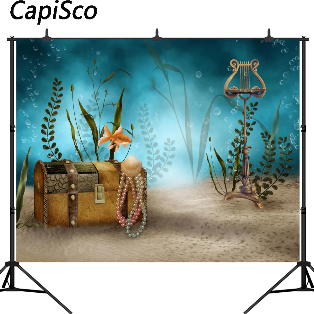 

Capisco photography background fairy tale Treasure chest seabed Pearl shell bubble Baby birthday party cartoon photo backdrop