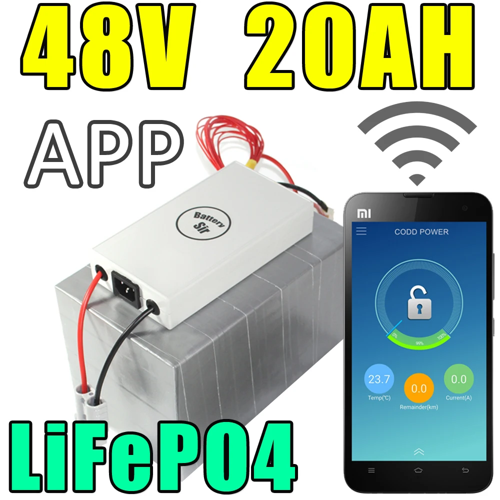 

48v 20ah lifepo4 battery app remote control Bluetooth Solar energy electric bicycle battery pack scooter ebike 1000w