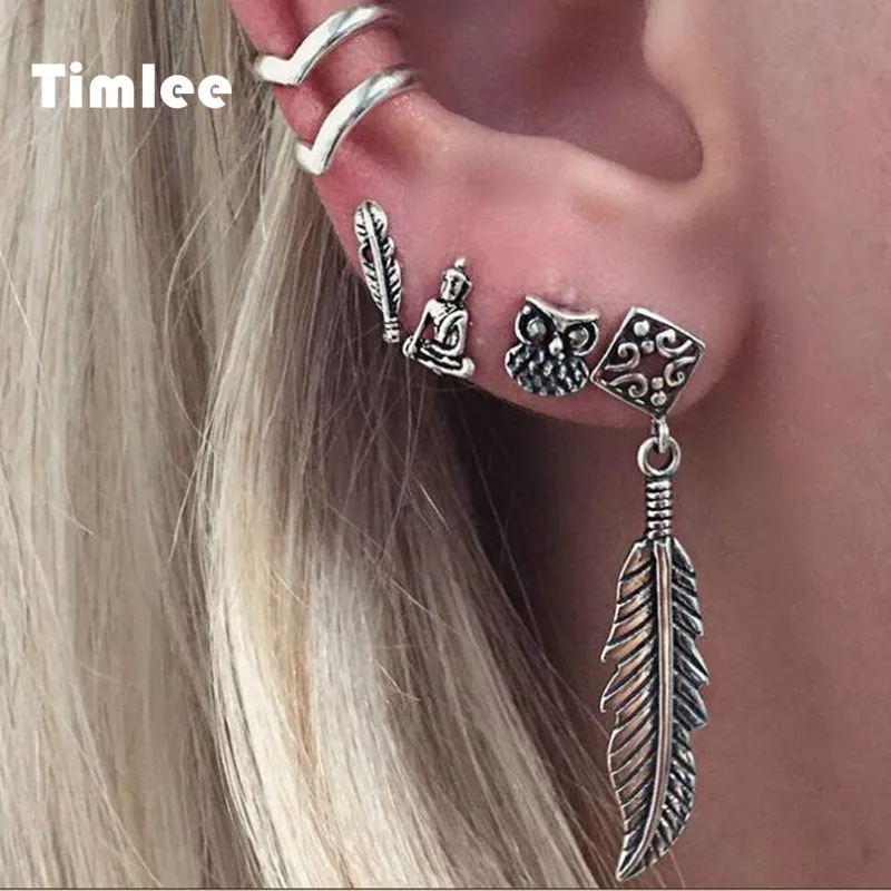E233 New Punk Style Retro  Owl Leaf Irregular Metal Bronze Clip Earrings Set ,6pcs/Set Wholesale