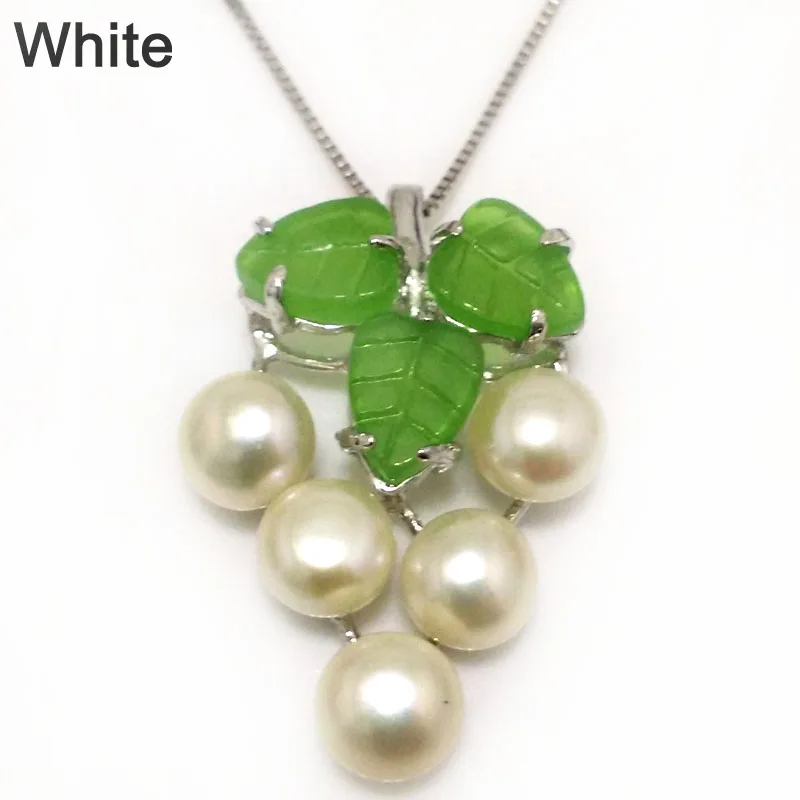 

18 inches Grape Style 7-8mm Natural White Button Pearl Green Leaf 925 Sterling Silver Pendent Necklace