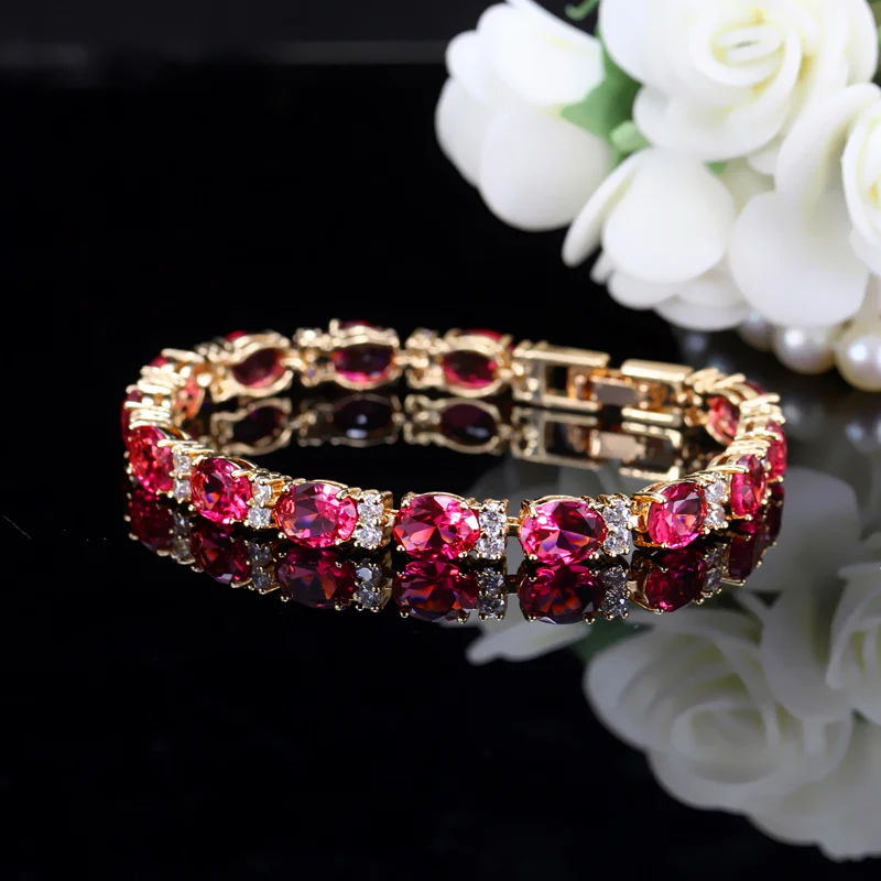 CWWZircons Classic Yellow Gold Color Round Fuchsia Red AAA Cubic Zirconia Crystal Connected Bracelets Bangles for Women CB047