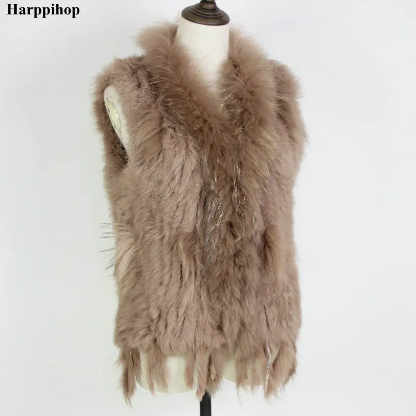 Harppihop Free shipping womens natural real rabbit fur vest with raccoon fur collar waistcoat/jackets rex rabbit knitted winte