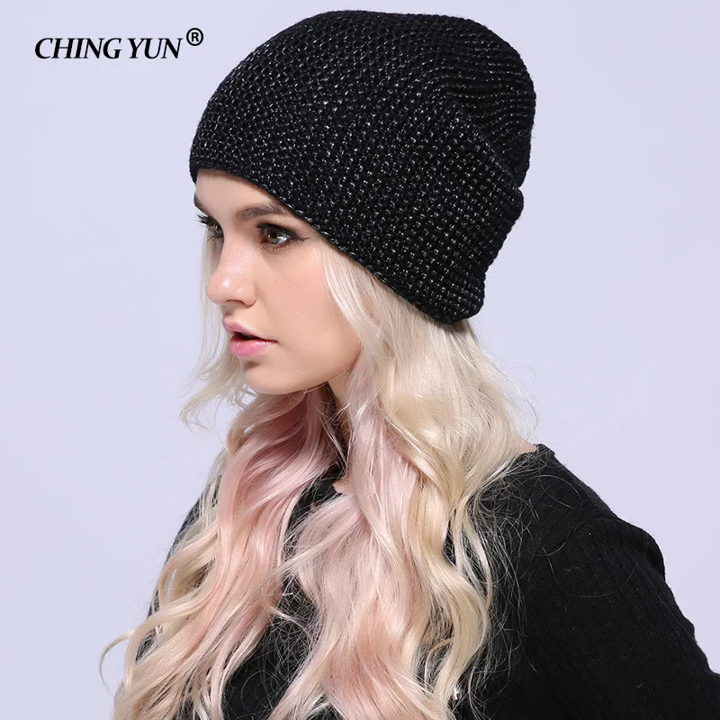 CHING YUN 2018 winter Knitted Skullies Warm hats for women Cashmere knit beanie hat female wool Fluffy lining Silver plated yarn