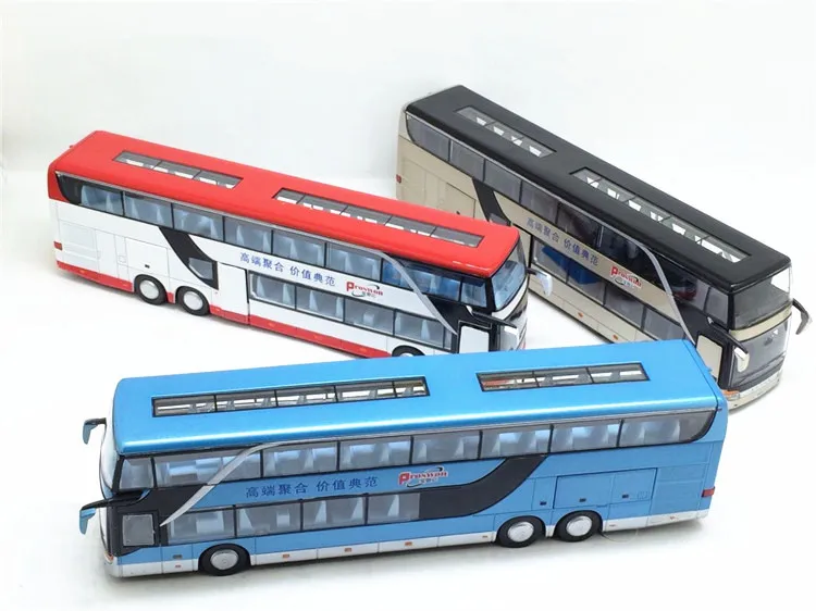 Vendita modello di autobus pull back in lega 1:32 di alta qualità, autobus turistico doppio ad alta imitazione, veicolo giocattolo flash, spedizione