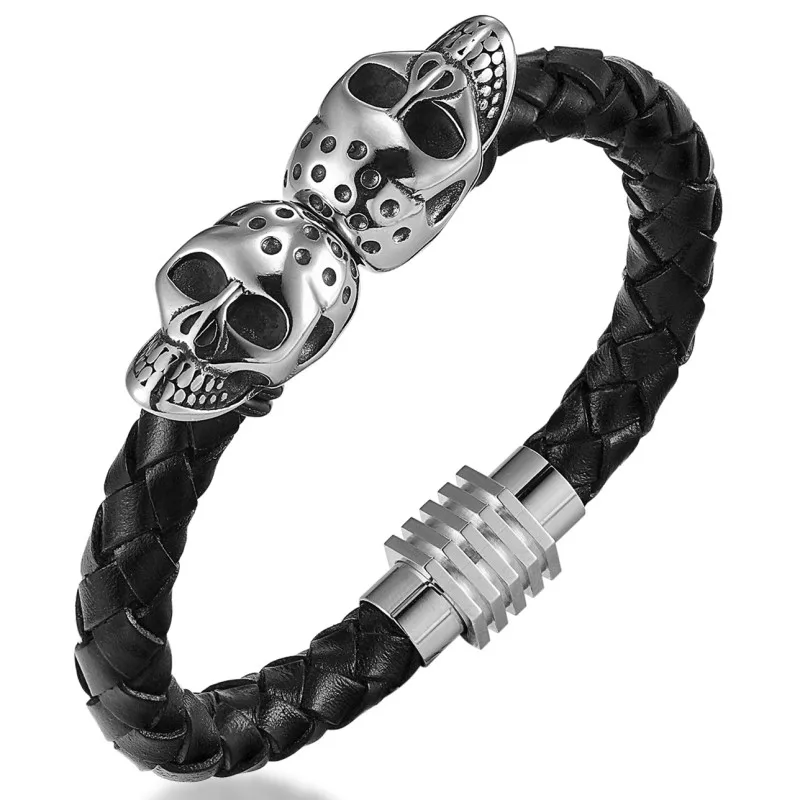 JANEYACY-pulsera de calavera de acero inoxidable para hombre, brazalete de mano de cuerda de cuero sintético negro, joyería Vintage