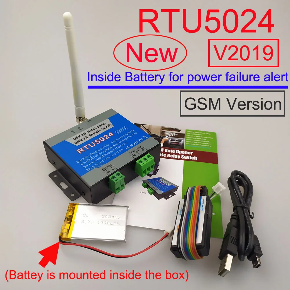 2019 Version RTU5024 gsm relay sms call remote controller gate opener switch Pc programmer and Battery for Power failure alert