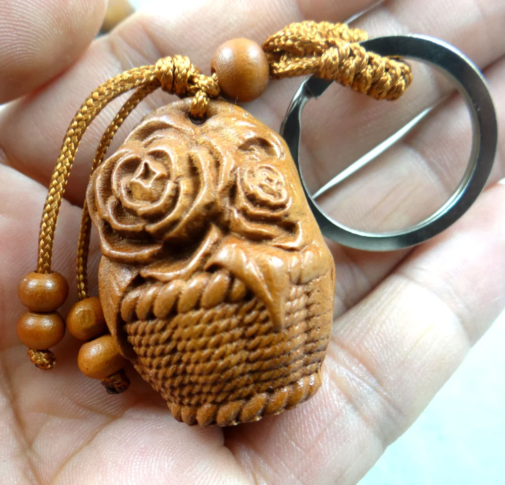 Natural mahogany three-dimensional engraving Flower basket keychain Buddha key ring jewelry gift for men and women 1pc