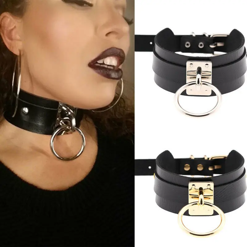 New Fashion Punk Gothic Wide PU Leather O Ring Collar Choker Necklace Women