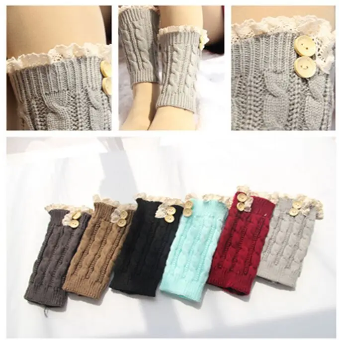 

2016 Women short Knitted twist button Boot Cuffs Laced Trim Toppers Socks leg warmers Crochet booty Gaiters 24pairs/lot #3869