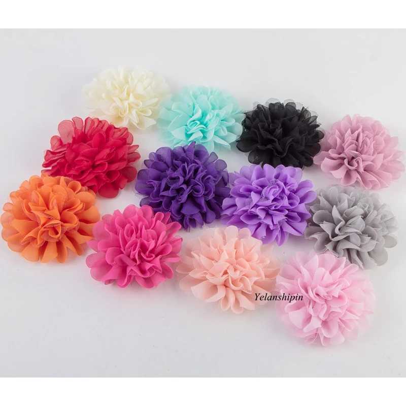 120pcs/lot 12CM 18colors Hair Fluffy Chiffon Mesh Lace Flowers Clips For Children Hair Accessories Fabric Flowers For Headbands