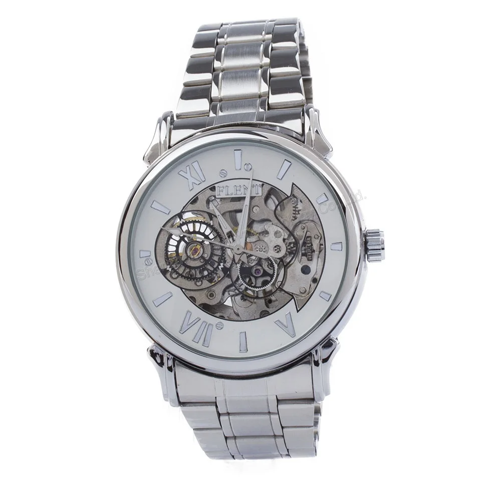 Men's Automatic Hollow Engraving Dial Skeleton Watch Silver Stainless Steel Band Self-winding Wrist Watchs