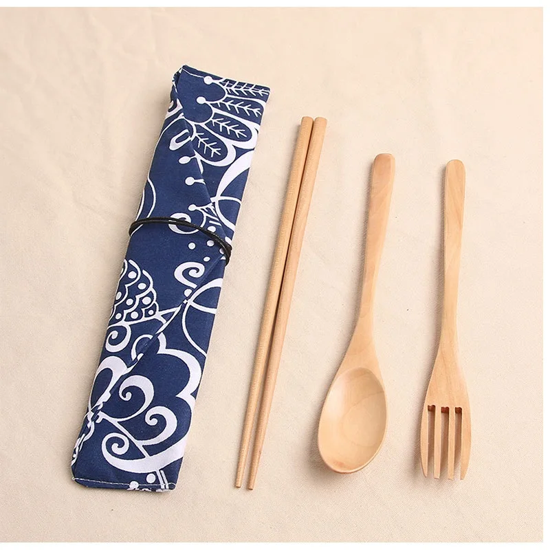 Korean Style Wooden Chopsticks Spoon Fork Set with Cloth Bag Travel Portable Tableware Set W9545