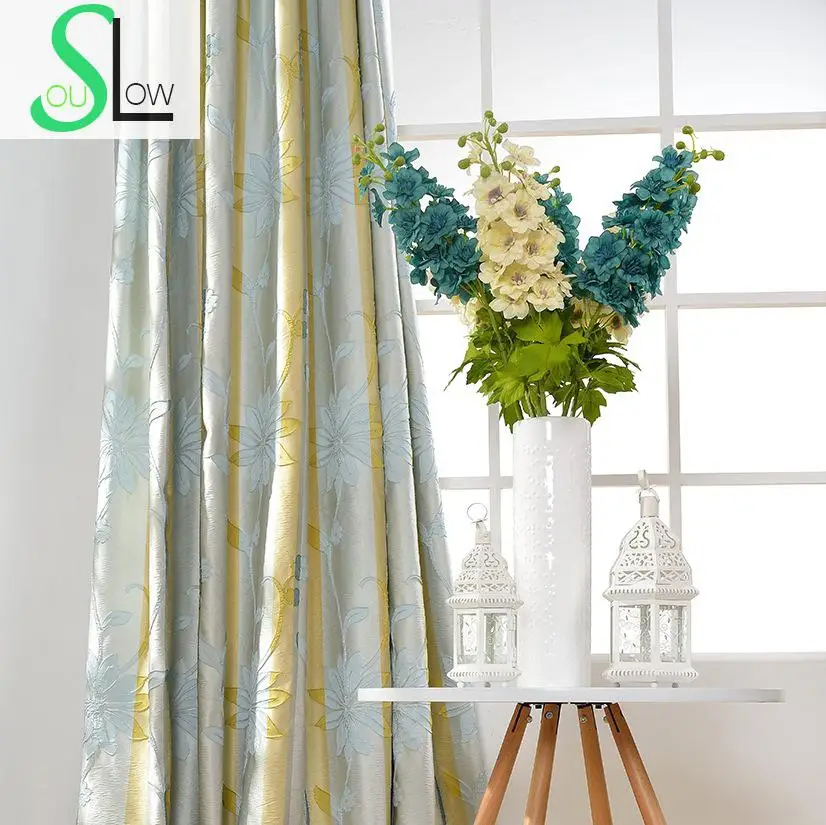 High Precision Lotus Jacquard Cloth Curtain Blackout Floral French Window Pastoral Curtains Cortinas For Living Room Modern