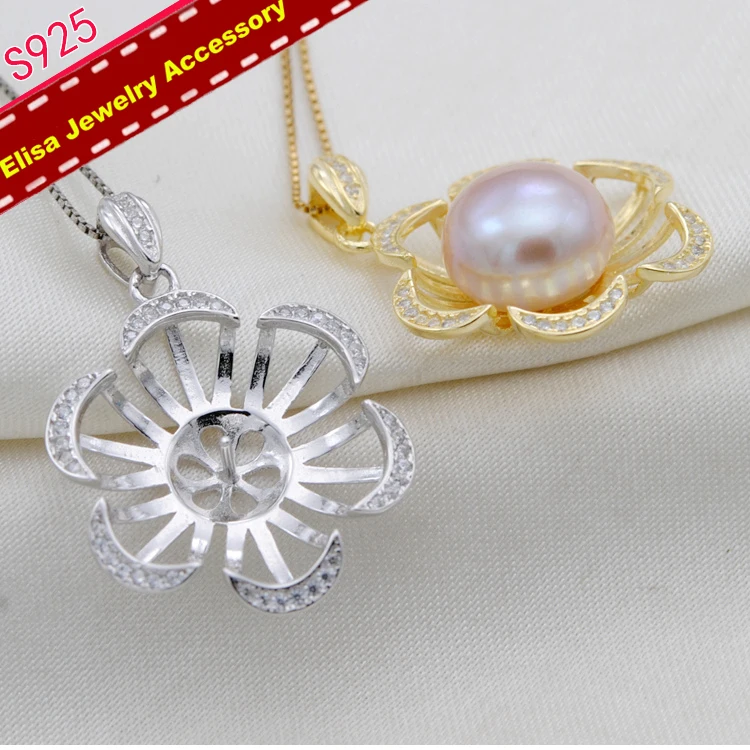 Big Flower Pearl Pendant Holder S925 Sterling Silver Pendant Settings Women DIY Pendant Jewelry Accessory 3Pieces/Lot