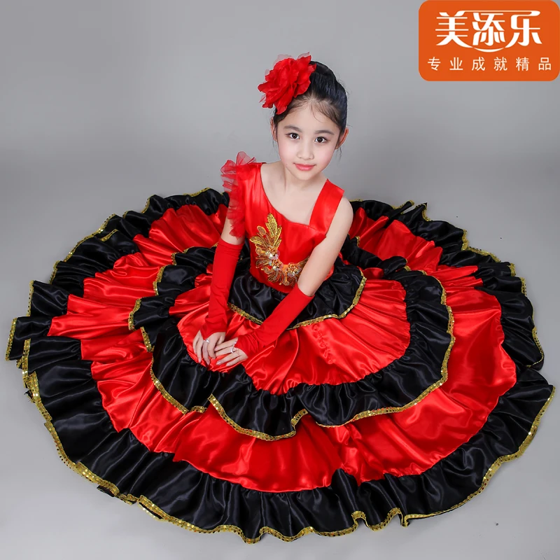 Kinder Spanisch Stierkampf Kleid Flamenco Kostüm Prinzessin Mädchen Öffnung Dance Volles-rock Plus Size Schaukel Tanzen Kleid H549