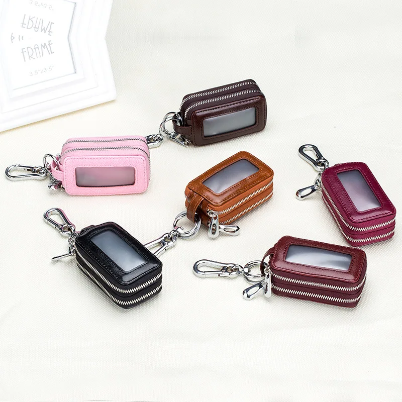 Porte-clés de voiture en cuir véritable pour hommes et femmes, double fermeture éclair, étui carré simple pour la maison, portefeuille porte-clés, gardien 007, nouveau