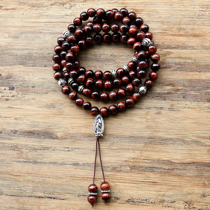 Inelastic 8mm 99pcs Tiger Eye Stone Beads Buddhist Prayer Rosary Mala Necklace for woemn men jewelry