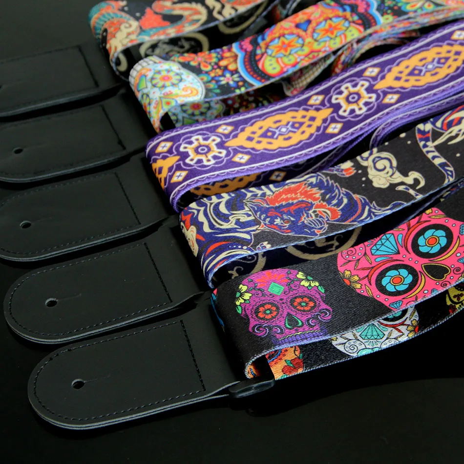 New 5 Colors Vintage Flowers Stripes Acoustic Electric Guitar Strap Woven Embroidery Fabrics Leather Ends Strap