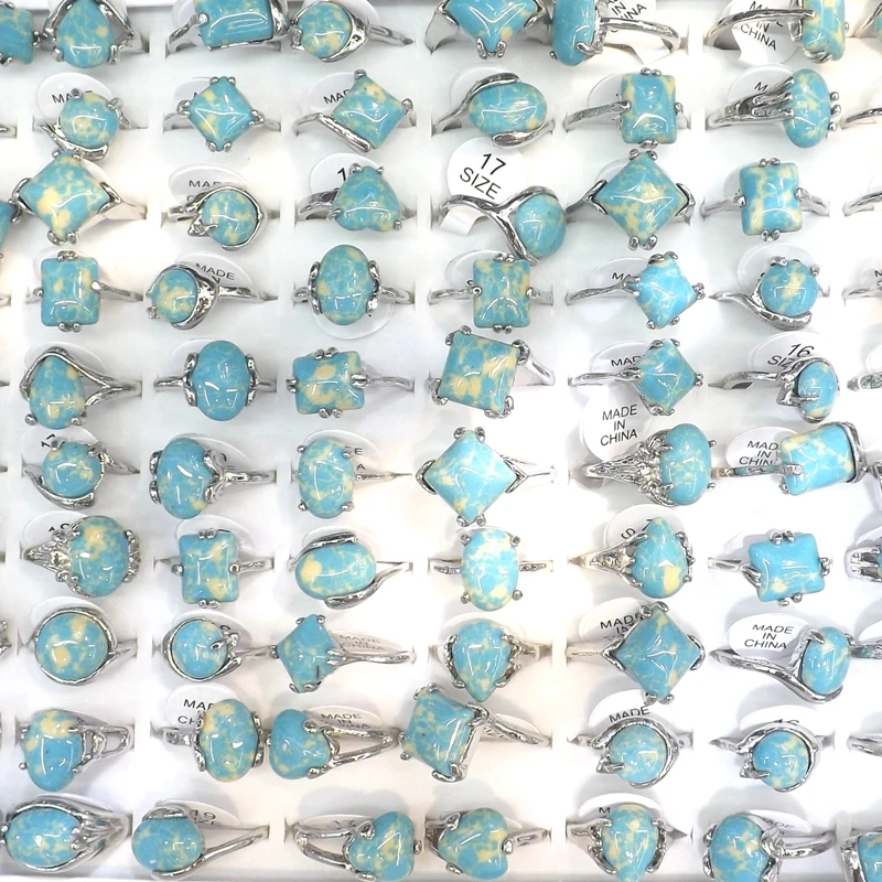 Mixed Lot Natural Turquoises Rings With Yellow Decorative Pattern 50pcs/lot Size 6,7,8,9,10