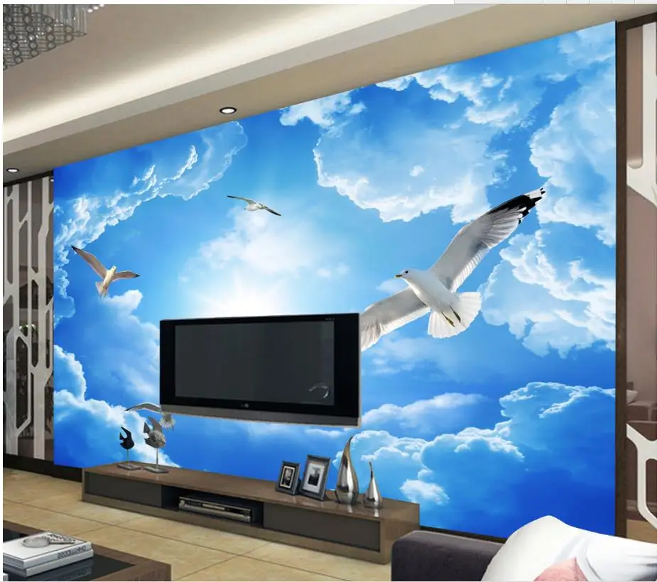 

custom photo wallpaper Blue sky and white clouds pigeons wallpaper for walls roll Home Decoration