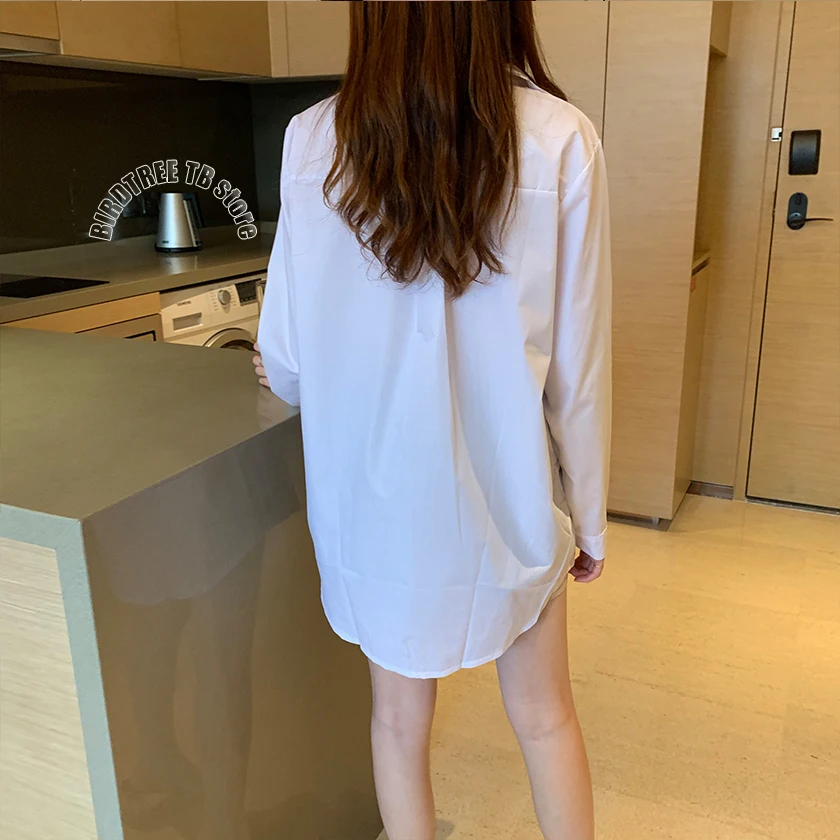 Blusa blanca larga bordada para mujer, camisa de manga larga con cuello vuelto y botones, Top informal de bicicleta con Gato y Torre, T96415F
