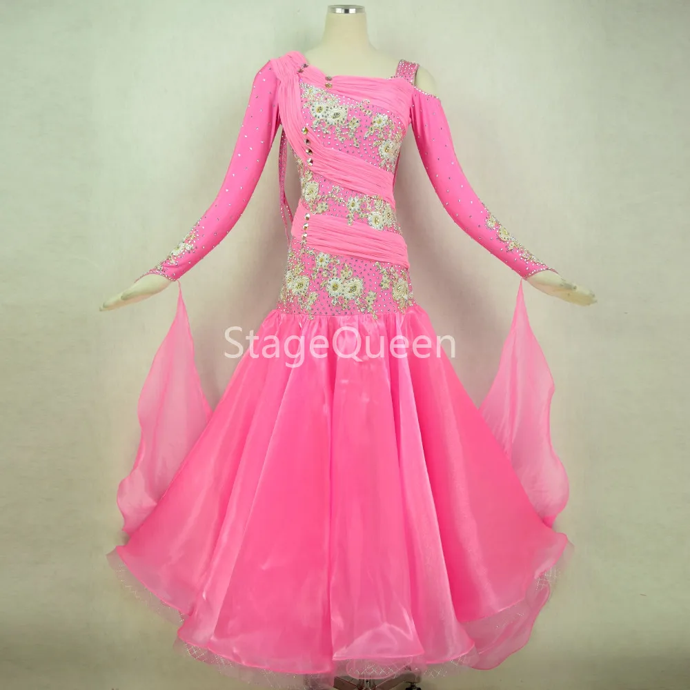 

Standard Ballroom Dress Women New Of 2019 Custom Made Pink O-necked Long Sleeved Waltz Ballroom Dance Competition Dresses