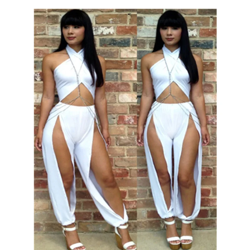 Fashion Two Pieces Set Women Clothing Bandage Sexy Crop Tops and High Waist Split Pants Sexy Clubwear Party Sets Summer M3651