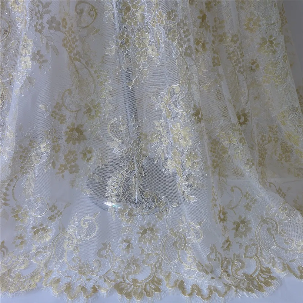 French Eyelash Lace Fabric In Gold 3 Meters Embroidery Flower High Quality Tulle Material Handmade DIY Cloth Accessory