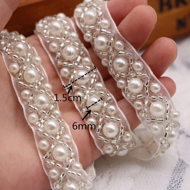 White Pearl Seed Bead Beaded Trims Sew On collar Ribbon 1cm 1.5cm Width for Jewelry Headpiece DIY Dress belt