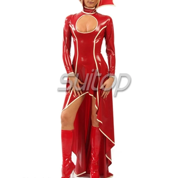 Suitop latex glued long dress red color with white trim