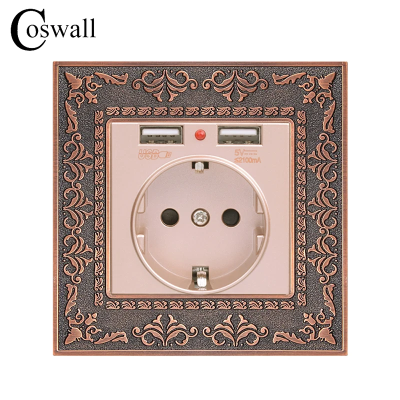 Coswall Zinc Alloy High-end Retro Panel 16A Gold EU Standard Power Wall Socket With Dual USB 2.1A Charging Port Embossed Panel