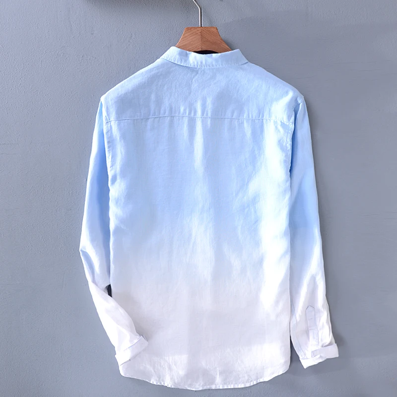 New brand long sleeve 100% linen shirts men fashion gradient sky blue shirt male casual tops comfortable shirt mens camisa