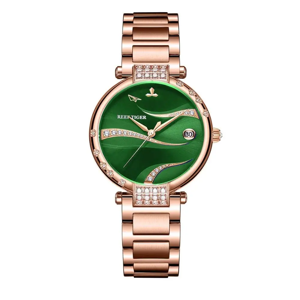 Reef Tiger/RT Women Sapphire Crystal Watches Green Dial Rose Gold Calendar Stainless Steel Automatic Diamond Dress Watch RGA1589