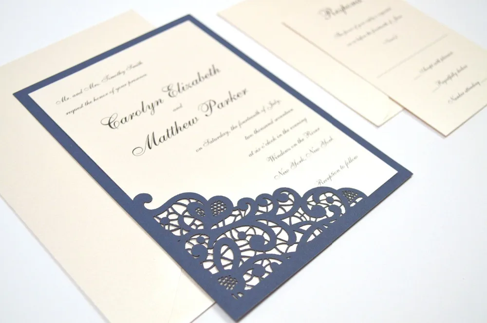 50pcs Dark blue Pocket Romantic Envelope  Wedding Invitation,laser cut custom invitations, personalized greeting card