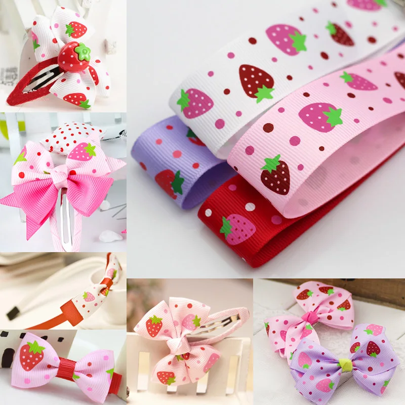 (1 Yard/lot) 1\'\'25mm Printed Strawberry Grosgrain Satin Ribbon Wedding Party Decoration DIY Handmade Hair Bows Accessories Craft